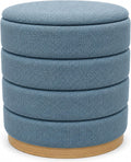 Ottoman Collection Stylish Linen Cylinder Storage Light Blue Round Footrest Vanity Stool Furniture Living Room Small Bench 16" L X16 W X 17" H