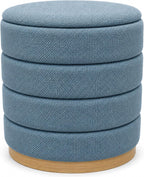 Ottoman Collection Stylish Linen Cylinder Storage Light Blue Round Footrest Vanity Stool Furniture Living Room Small Bench 16" L X16 W X 17" H