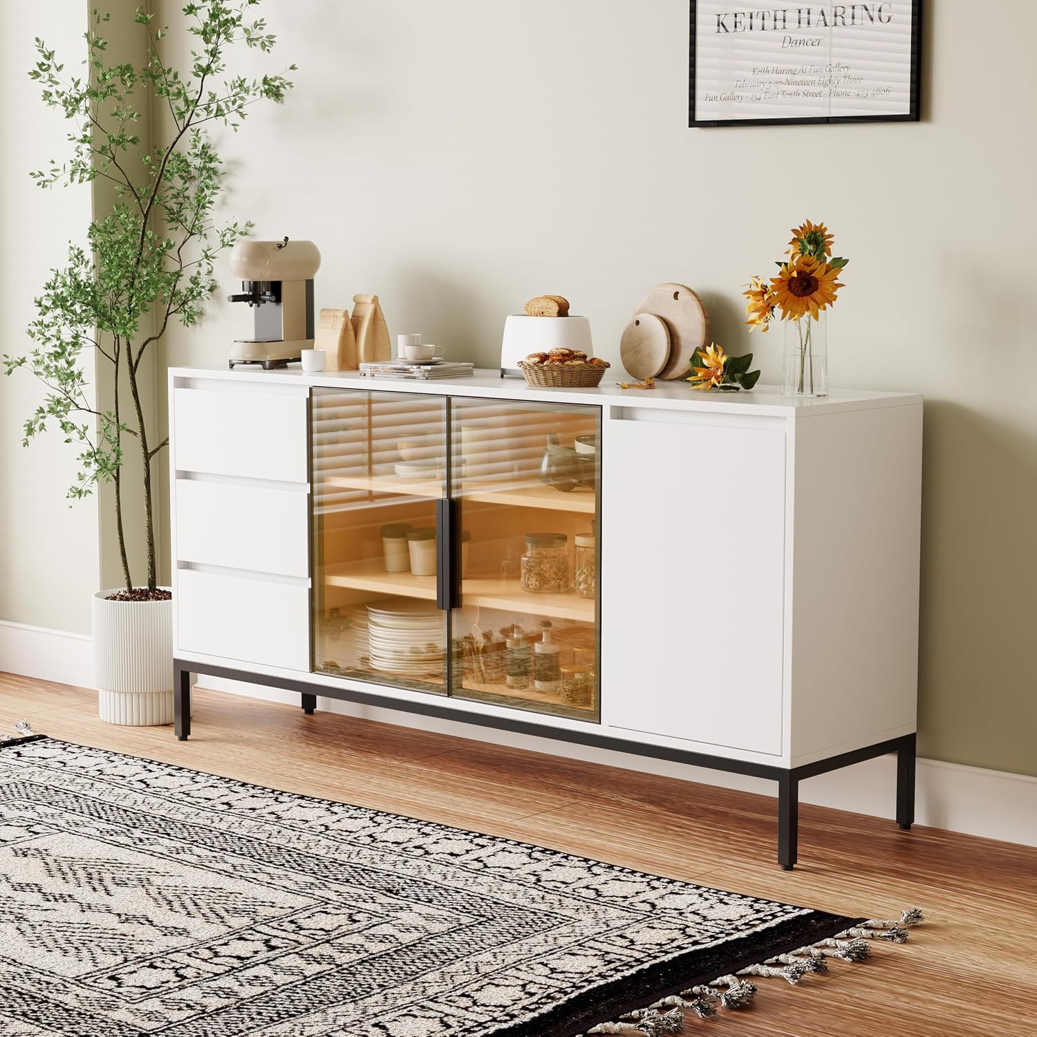 Freestanding Storage Cabinet with 3 Dawers, 3 Shelves, Single Door & French Door, Rectangular Wood Kitchen Pantry, Modern Minimalist, for Living Room, Dining Room, White