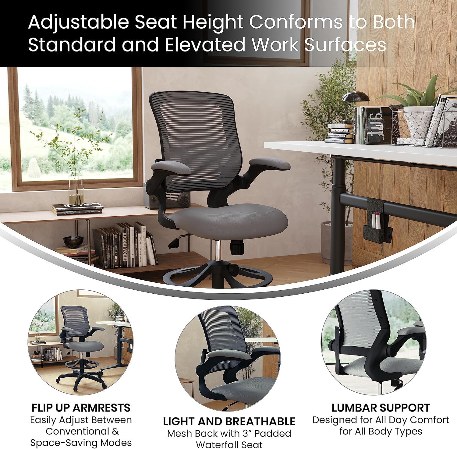 EMMA + OLIVER Mid-Back Dark Gray Mesh Ergonomic Drafting Chair with Foot Ring and Flip-Up Arms