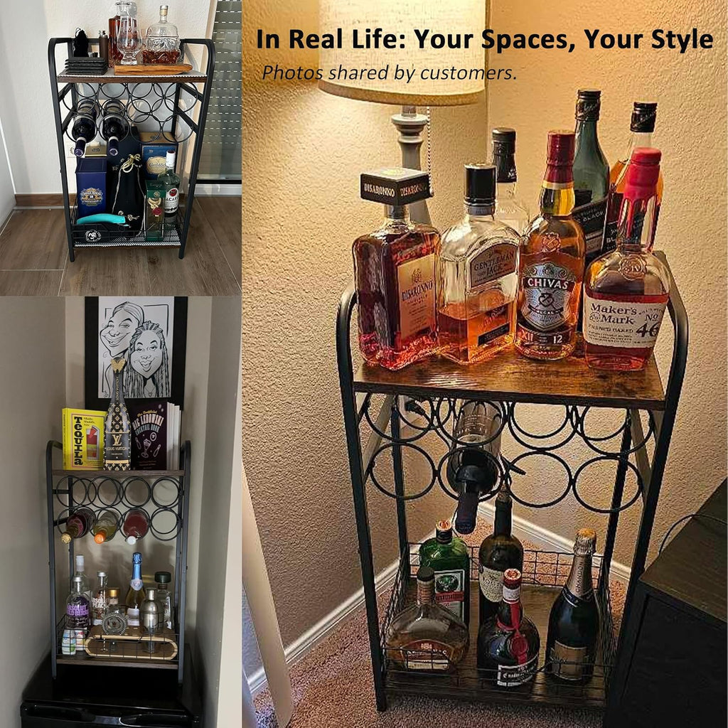 3-Tier Wine Rack Freestanding Floor Cabinet Corner Bar Cabinet Bar Cart,12 Individual Wine Storage Bottle Compartments Corner Bar Cabinet Holder,Wood + Black Frame Liquor Cabinet
