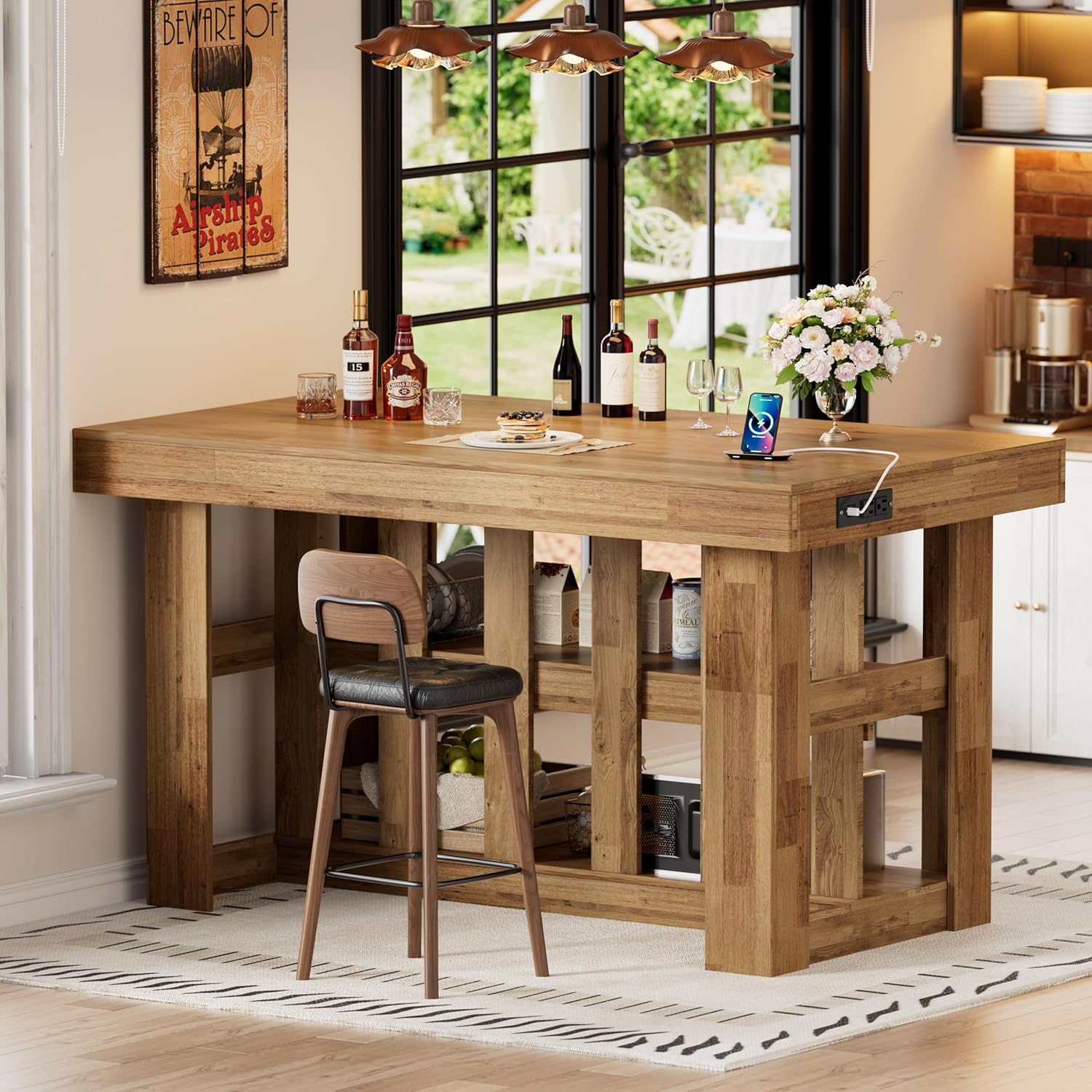 PAKASEPT 55" Kitchen Island with Storage, 3-Tier Farmhouse Wood Island Table with Power Outlets,Shelves for Kitchen, Dining Table for 4,Dining Room,Living Room,Home Bar,Brown