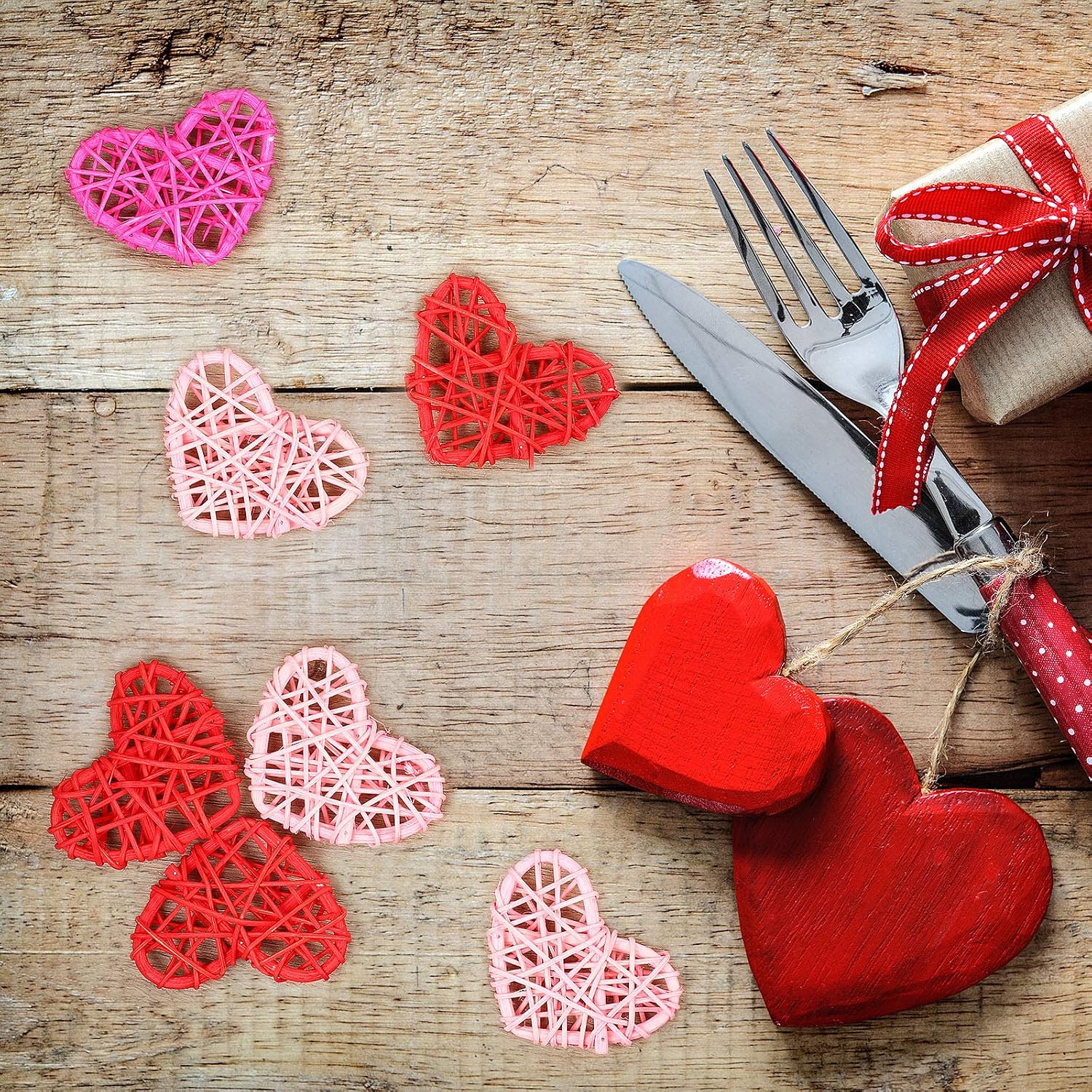 Jetec 15 Pcs Valentine's Day Heart Rattan Ornaments 2.4 Inch DIY Heart Shaped Natural Vase Filler Wicker Balls Rattan Twig for Valentine Wedding Birthday Party Table Decor Crafts, Red, Pink, Rose Red