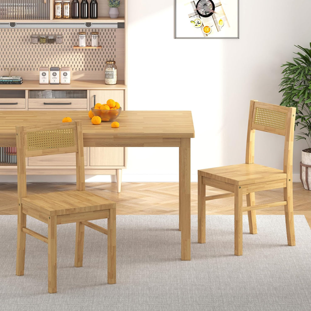 Solid Wood Dining Table Set for 4, 43.3" Dining Table with Chairs Set, Kitchen Dining Table Set with Woven Rattan Backs, Farmhouse Solid Wood Table and Chairs, Natural