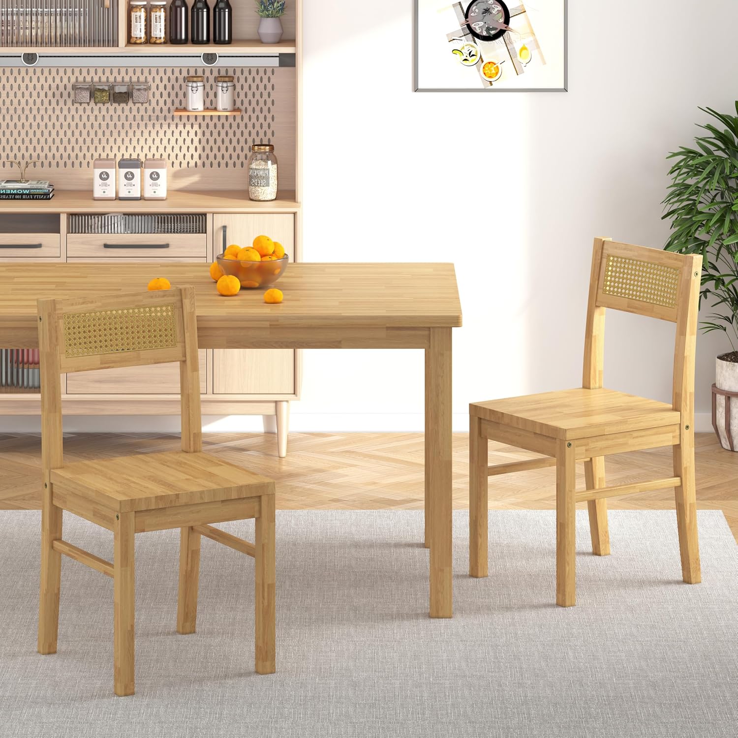 Solid Wood Dining Table Set for 4, 43.3" Dining Table with Chairs Set, Kitchen Dining Table Set with Woven Rattan Backs, Farmhouse Solid Wood Table and Chairs, Natural