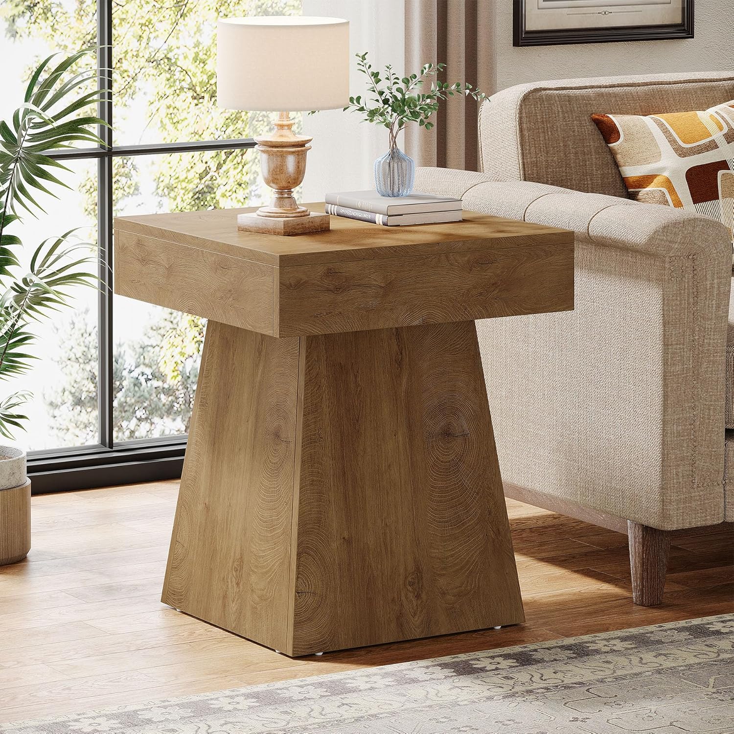 Tribesigns Small End Table, Rustic Square Side Table with Wide Base, Farmhouse Small Nightstand Beside Bed, Next to Armchair, for Living Room, Light Brown