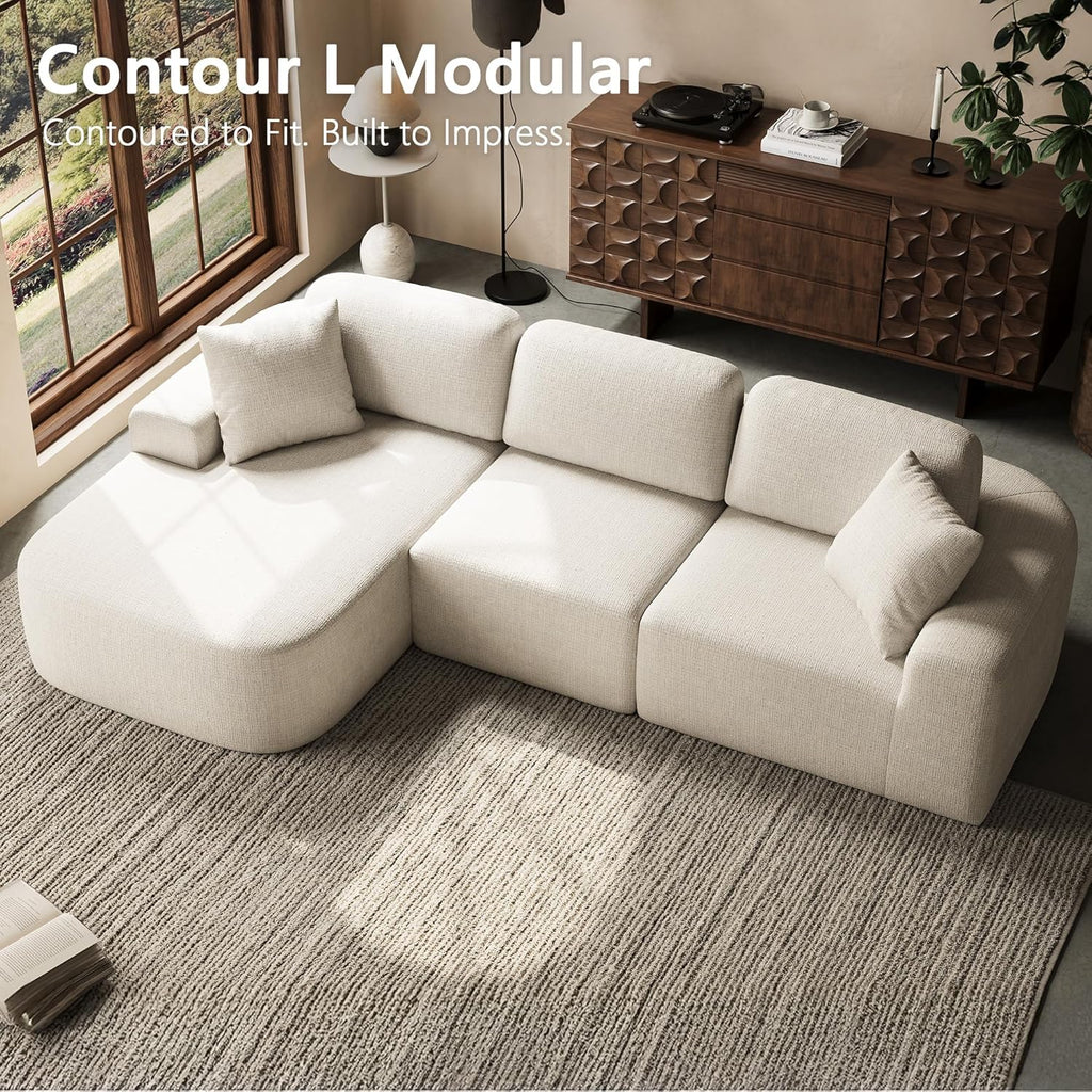 Dowinx 107'' Modular Sectional Sofa Couch with Chaise, No Assembly Required, Modern Bouclé-Inspired Upholstery, Convertible L-Shaped Design for Living Room – Ivory Beige