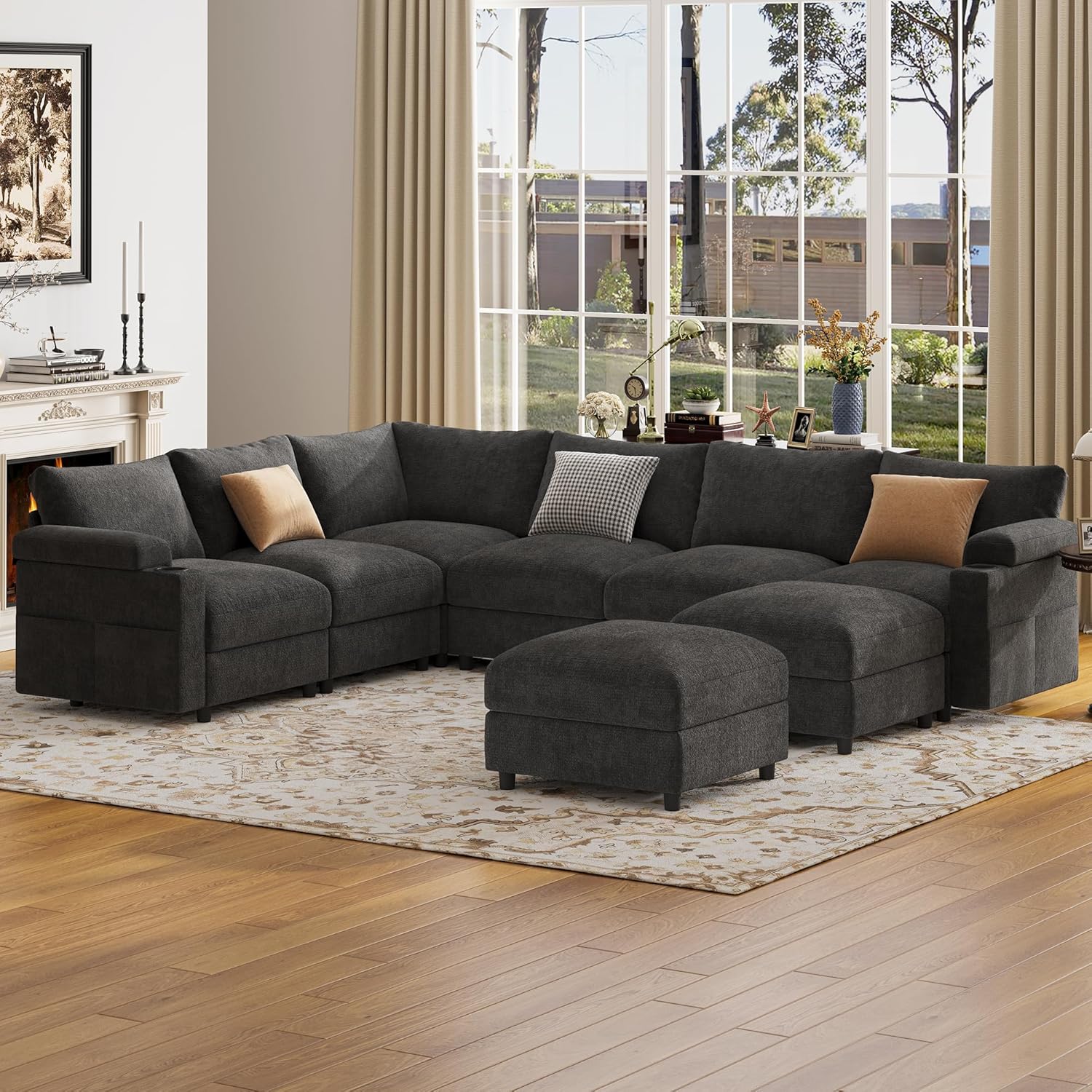 Sectional Couches for Living Room FSC Certified Velvet Modular Couch Oversized Cloud U Shaped Convertible Sleeper Sofa Chaise Detachable Armrest Cushion (Chenille Grey, U Shape 8 Seat)