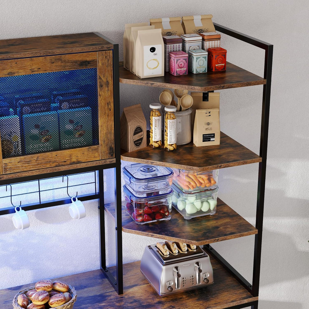 Loomie Bakers Rack with Power Outlet and LED Light, 71" Tall Kitchen Microwave Stand with Fridge Space, Farmhouse Coffee Bar Cabinet with Mesh Doors, Kitchen Shelves with Hooks (Rustic Brown)