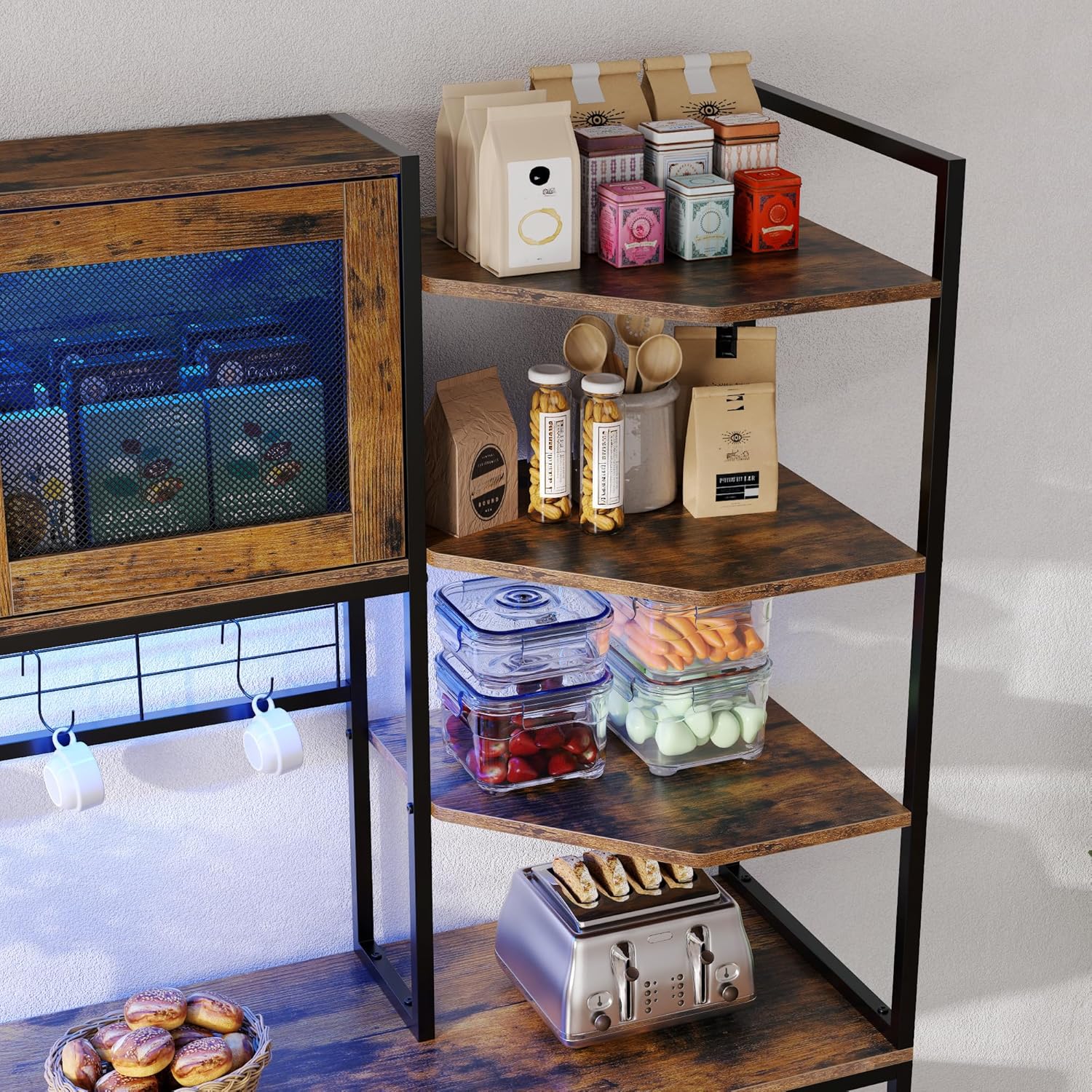 Loomie Bakers Rack with Power Outlet and LED Light, 71" Tall Kitchen Microwave Stand with Fridge Space, Farmhouse Coffee Bar Cabinet with Mesh Doors, Kitchen Shelves with Hooks (Rustic Brown)