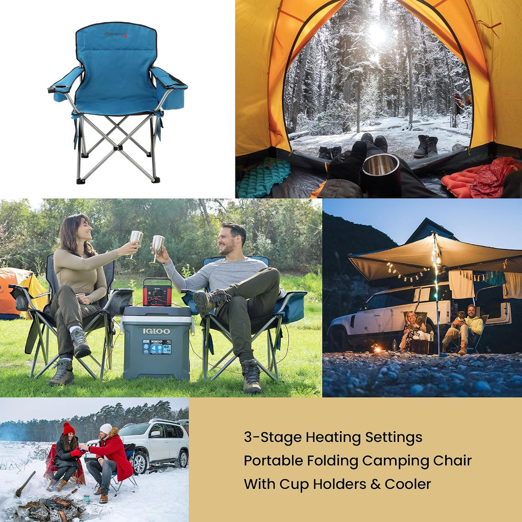 ARROWHEAD OUTDOOR Heated Camping Chair – Heavy-Duty Portable Folding Chair with 3 Heat Modes, 6-Can Cooler, Cup & Wine Glass Holder – Supports 330lbs