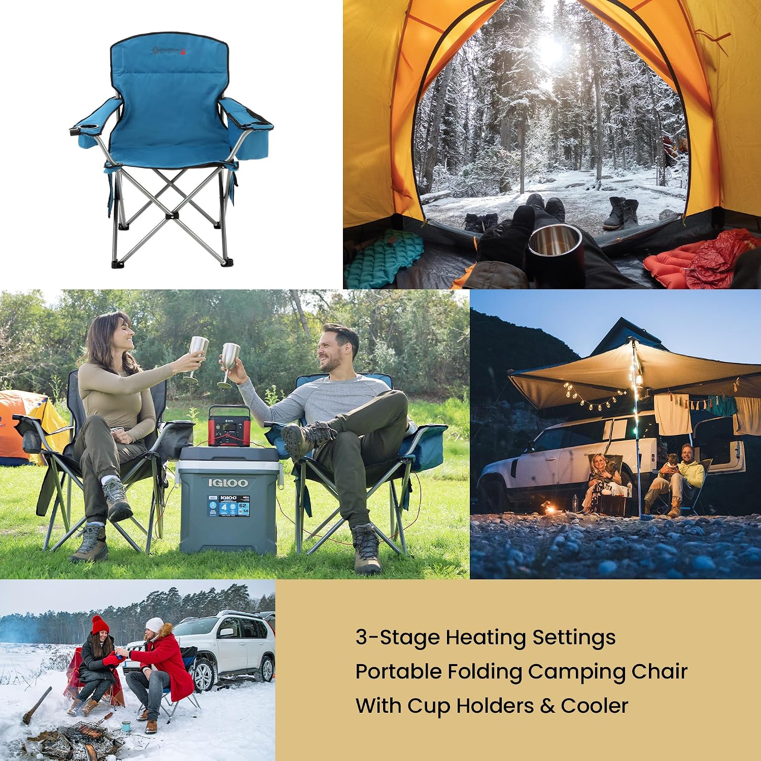 ARROWHEAD OUTDOOR Heated Camping Chair – Heavy-Duty Portable Folding Chair with 3 Heat Modes, 6-Can Cooler, Cup & Wine Glass Holder – Supports 330lbs