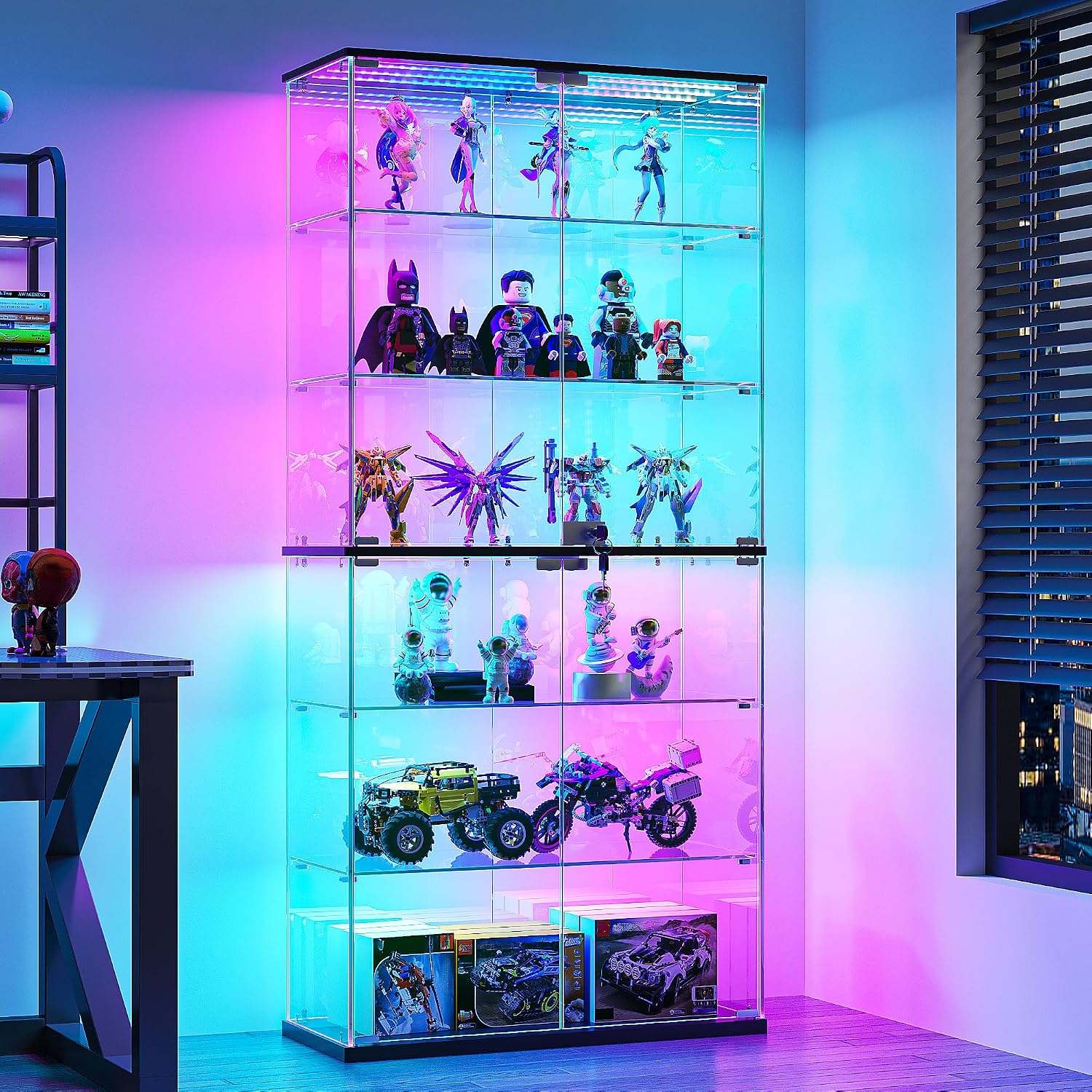 Dystler Display Cabinet with Glass Doors, 70" Tall Clear Curio Cabinet with RGB LED Lights for Collectibles, Figures, Lighted 6-Tier Glass Display Case for Living Room, Black
