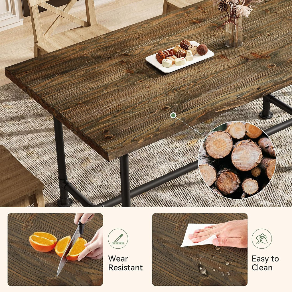63-Inch Solid Wood Dining Table for 4-6, Industrial Large Kitchen Table with Metal Footrest, Rectangular Wooden Dinner Tables with Sturdy Metal Frame for Dining Room, Rustic Brown