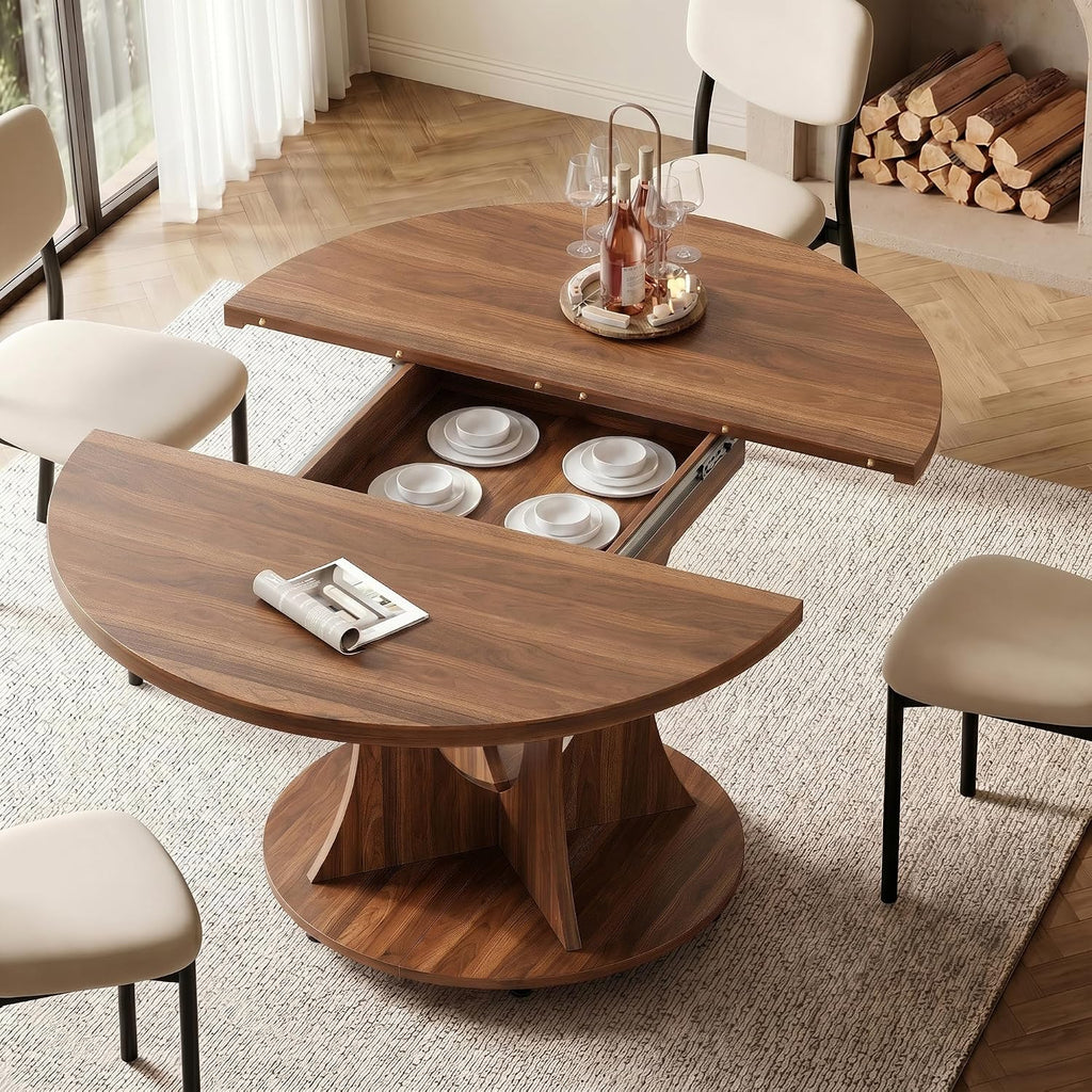 iPormis 43-59" Round Dining Table Set for 4, 5-Piece Kitchen Table & Chairs Set for 4, Extendable Dining Room Circle Table with 4 Upholstered Chairs for Small Space, Walnut Table + 4 White Chairs