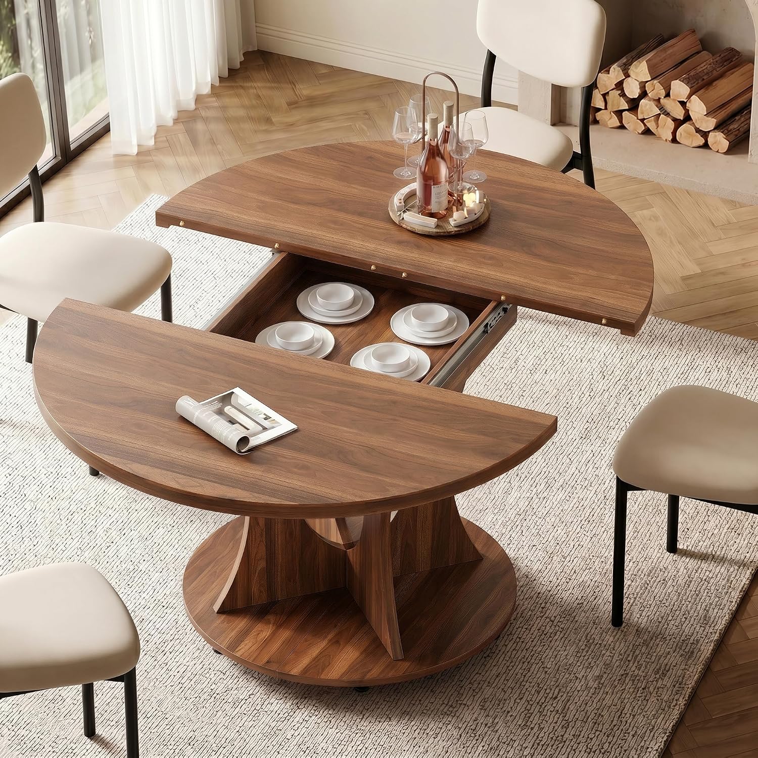 iPormis 43-59" Round Dining Table Set for 4, 5-Piece Kitchen Table & Chairs Set for 4, Extendable Dining Room Circle Table with 4 Upholstered Chairs for Small Space, Walnut Table + 4 White Chairs