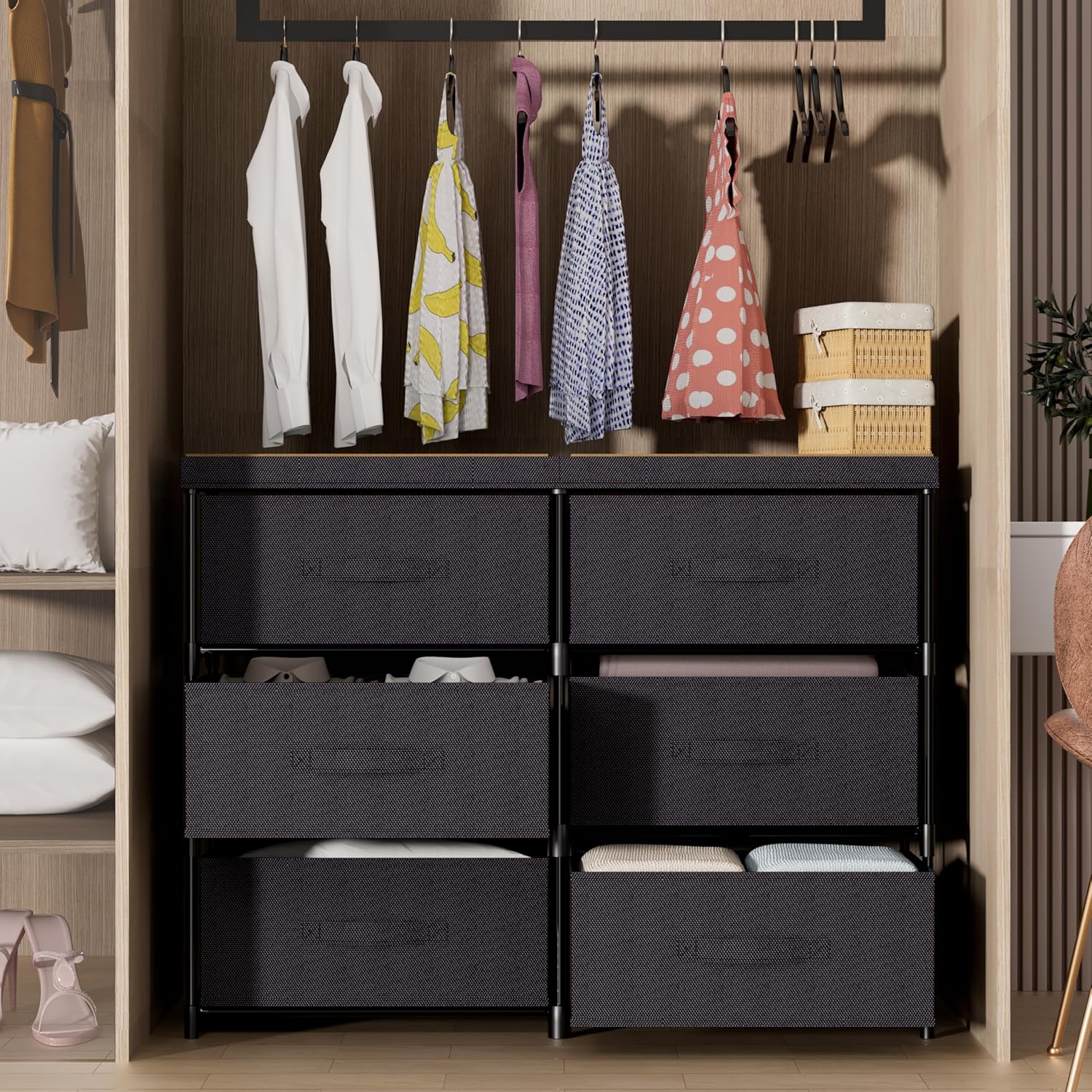GcdPai Dresser with 6 Fabric Drawer Stand Desktop Sturdy Metal Plastic Support Tube Cube Storage Cabinet for Bedroom Organization Dorm Front Hall Entryway