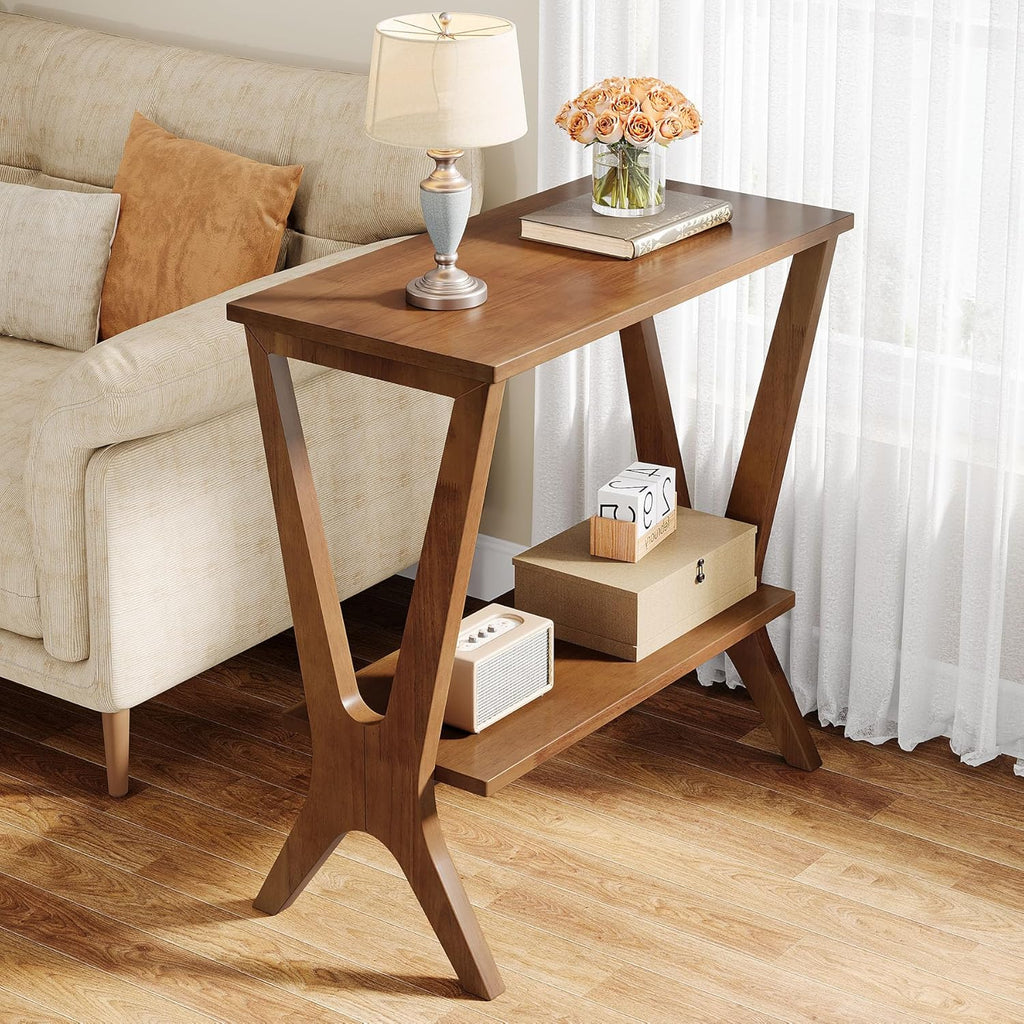 Solid Wood End Table for Living Room, 2-Tier Storage Shelves Sofa Couch Side Table with Sturdy Legs, Wooden Narrow Retro Nightstand for Small Spaces, Bedroom, Apartment