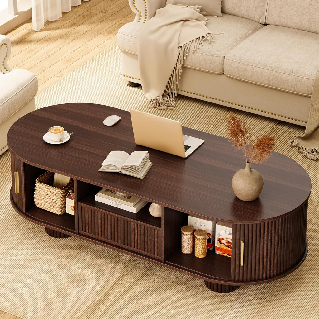 55.1" Oval Coffee Tables with Storage,Fluted Mid Century Modern Center Table with Drawer,Accent Coffee Table with Sliding Door for Living Room Small Space (Walnut)