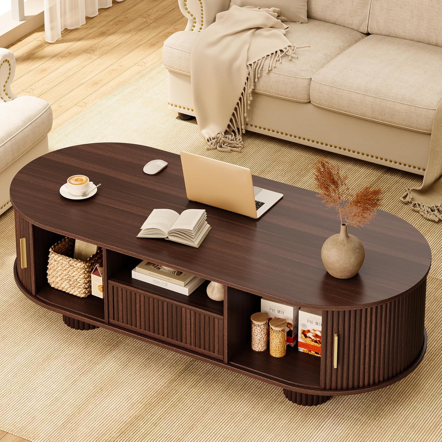 55.1" Oval Coffee Tables with Storage,Fluted Mid Century Modern Center Table with Drawer,Accent Coffee Table with Sliding Door for Living Room Small Space (Walnut)
