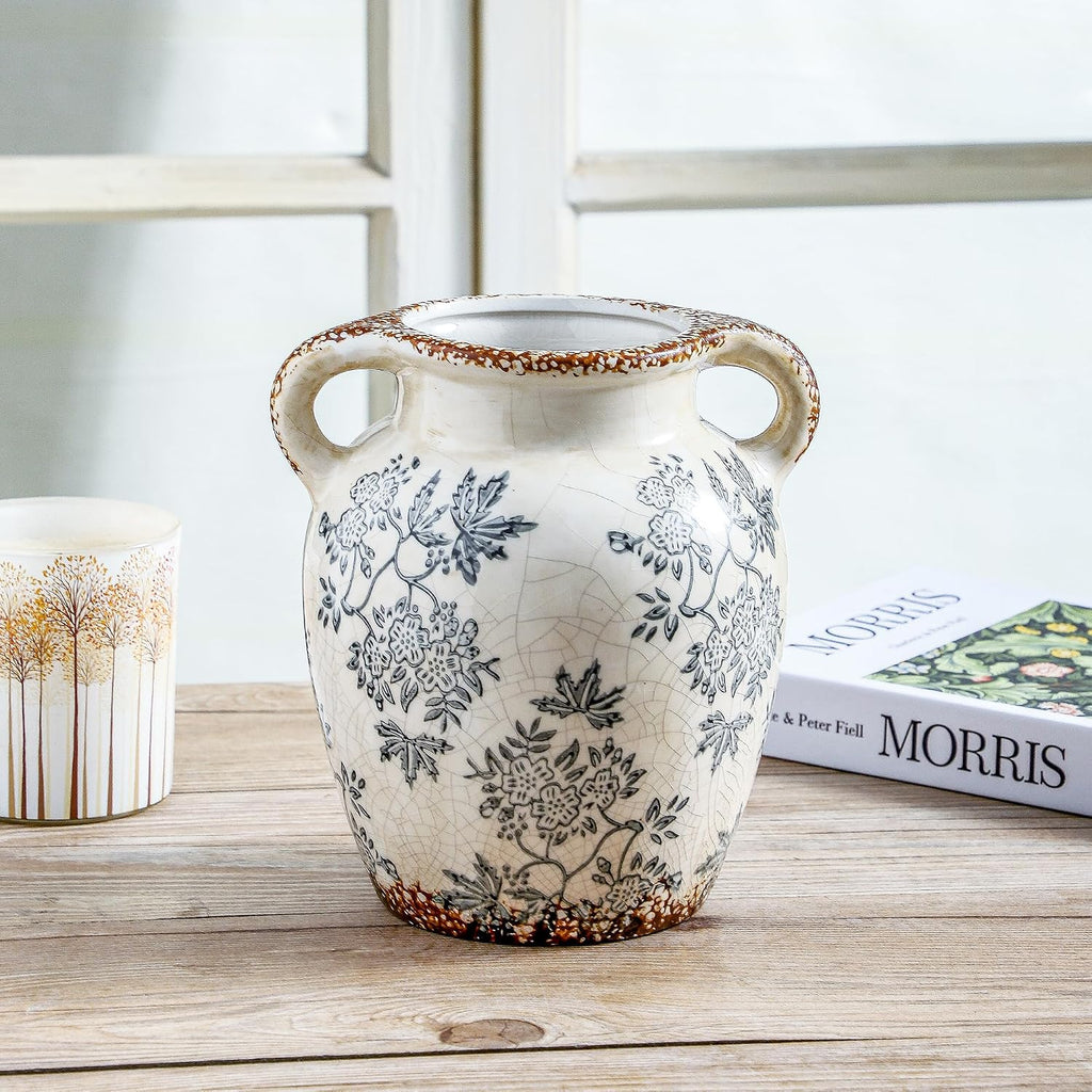 Enra 7.8" Blue and White Ceramic Vase with Double Handles – Handcrafted Chinoiserie Floral Vase, Decorative Vase for Living Room Centerpiece, Bookshelf & Office