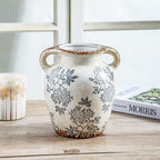 Enra 7.8" Blue and White Ceramic Vase with Double Handles – Handcrafted Chinoiserie Floral Vase, Decorative Vase for Living Room Centerpiece, Bookshelf & Office
