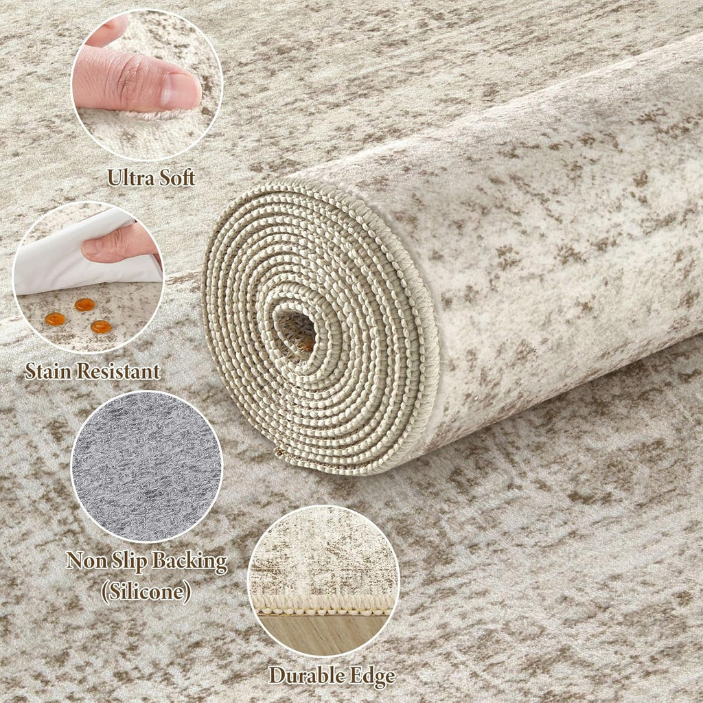 8x10 Area Rugs Living Room: Washable Non Slip Soft Abstract Beige Rugs for Bedroom Dining Deor, Low Pile Stain Resistant Indoor Carpet for Farmhouse Nursery Office Kid & Pet Friendly
