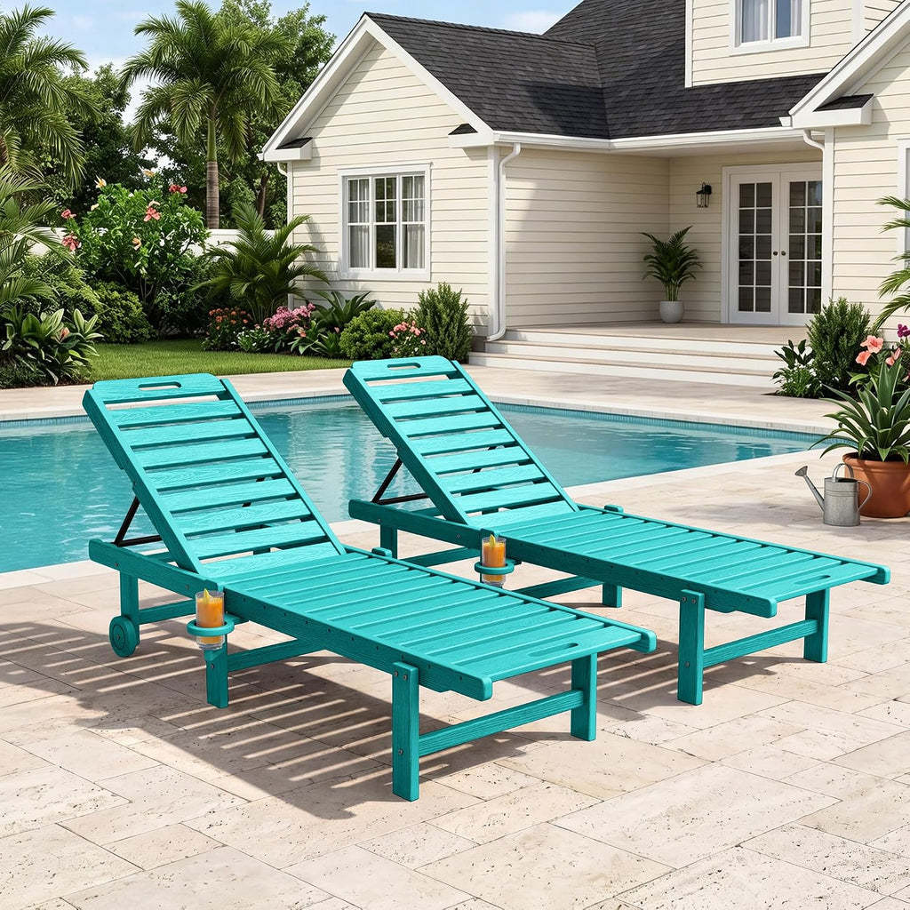 KINGYES Outdoor Armless Chaise Lounge Set of 2, HDPE Pool Lounge Chairs with Cup Holder & Wheels, Patio Lounger Chairs for Poolside, Aruba