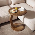 Tribesigns C Shaped End Table, Round Wood Side Table, Mid-Century Modern Style, Heavy Base, for Living Room, Bedroom, Small Space, Brown