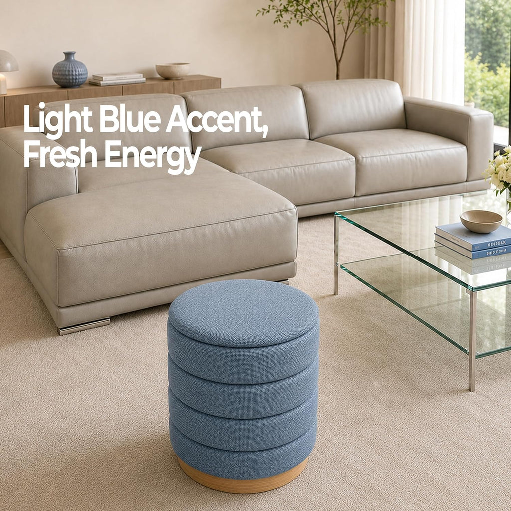 Ottoman Collection Stylish Linen Cylinder Storage Light Blue Round Footrest Vanity Stool Furniture Living Room Small Bench 16" L X16 W X 17" H