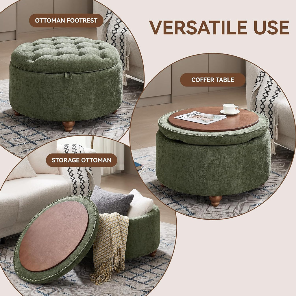 WUTUTUEE 30Inch Round Storage Ottoman with Tray, Modern Tufted Circle Coffee Table with Storage, Upholstered Ottoman with Removable Top for Living Room, Bedroom, Chenille Green
