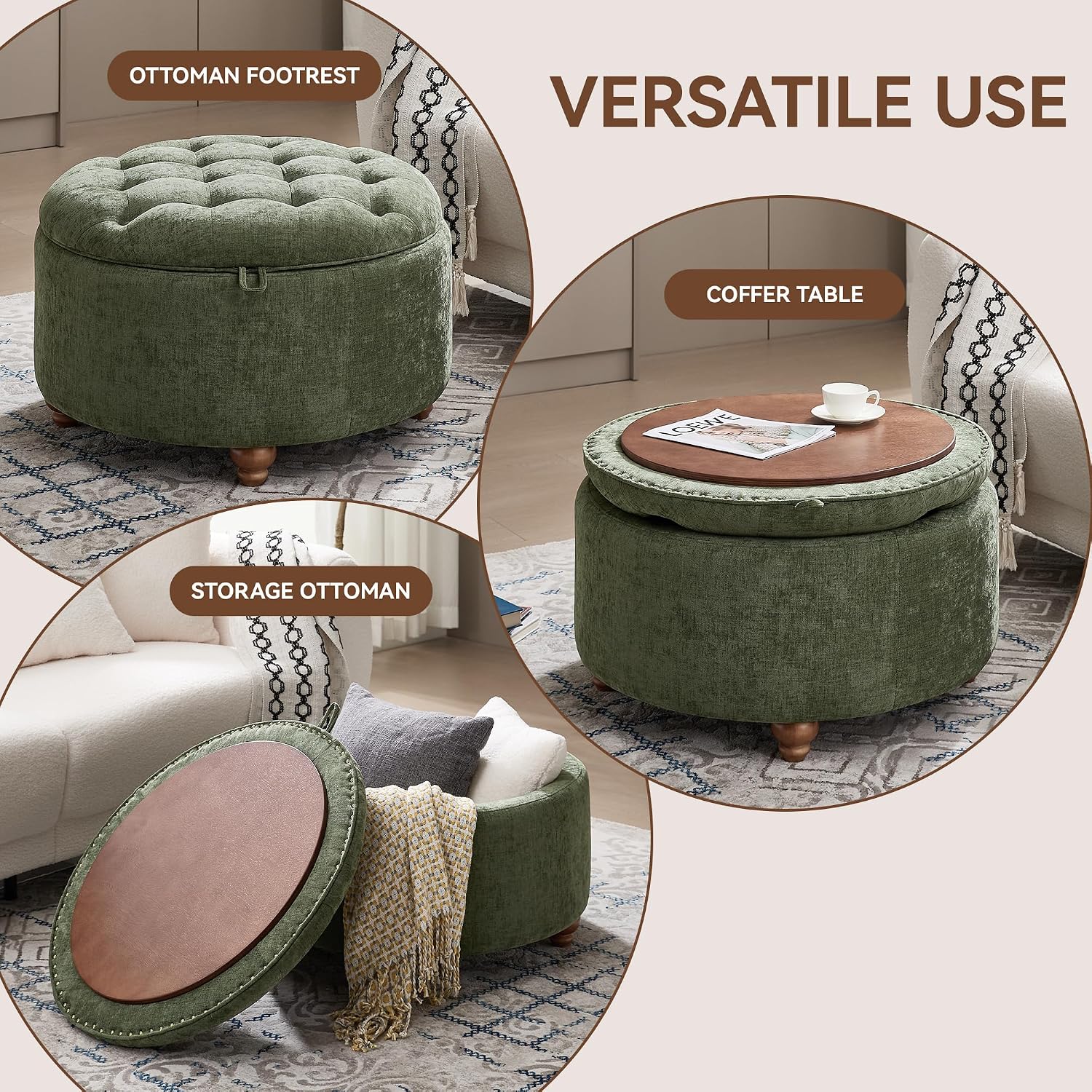 WUTUTUEE 30Inch Round Storage Ottoman with Tray, Modern Tufted Circle Coffee Table with Storage, Upholstered Ottoman with Removable Top for Living Room, Bedroom, Chenille Green