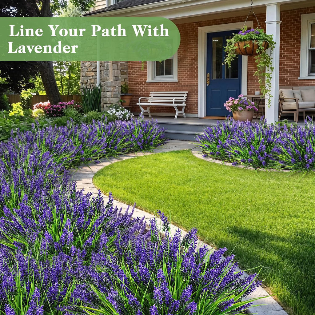 16 Bundles Faux Outdoor Plants, UV Resistant Fake Lavender & Monkey Grass, Realistic Artificial Flowers & Greenery for Outdoor Planters, Porch, Patio, Farmhouse Decor (Purple)