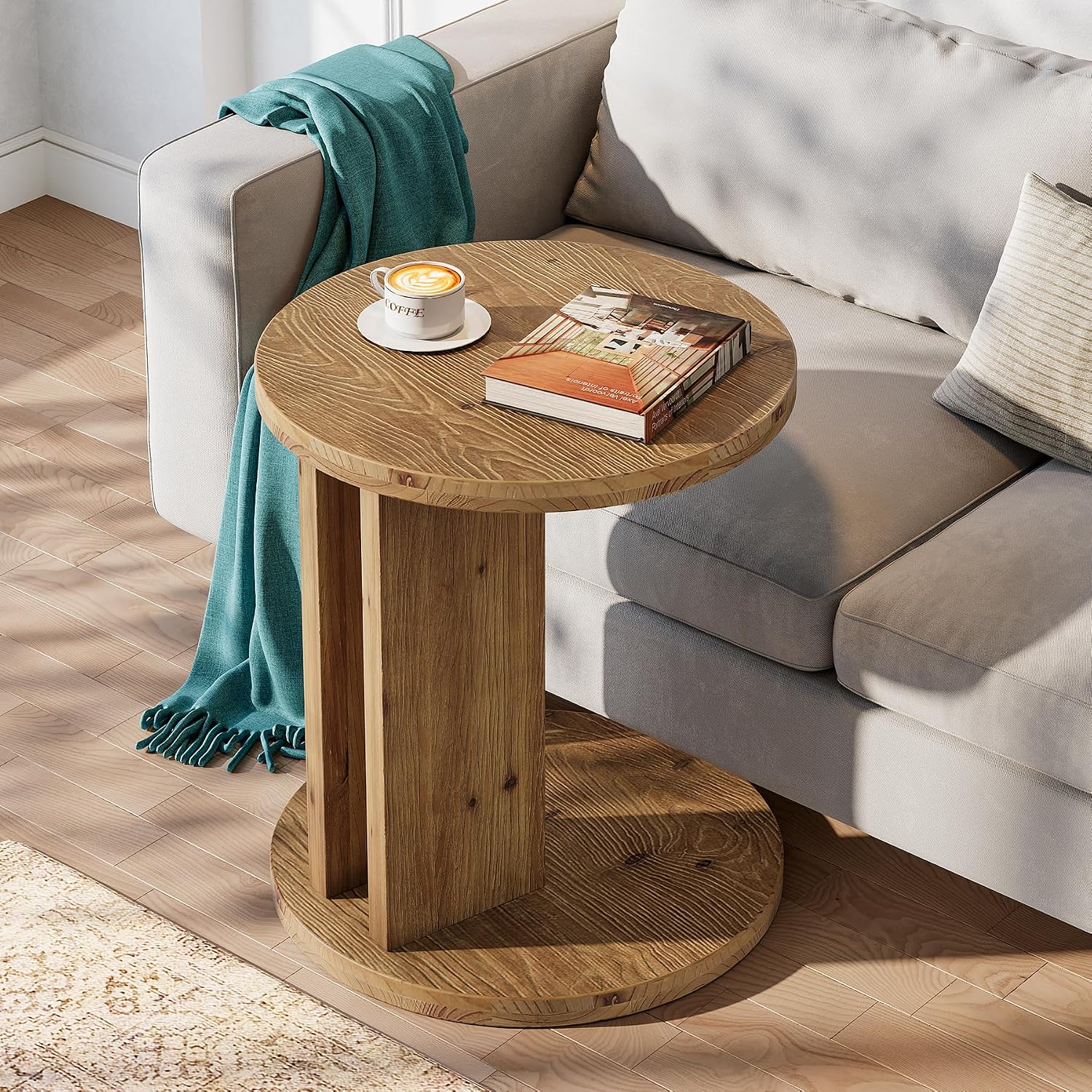 Solid Wood End Table, C-Shaped Round Side Table for Sofa and Bedside, Farmhouse Accent Furniture for Living Room, Bedroom, Easy Assembly (1, Brown)