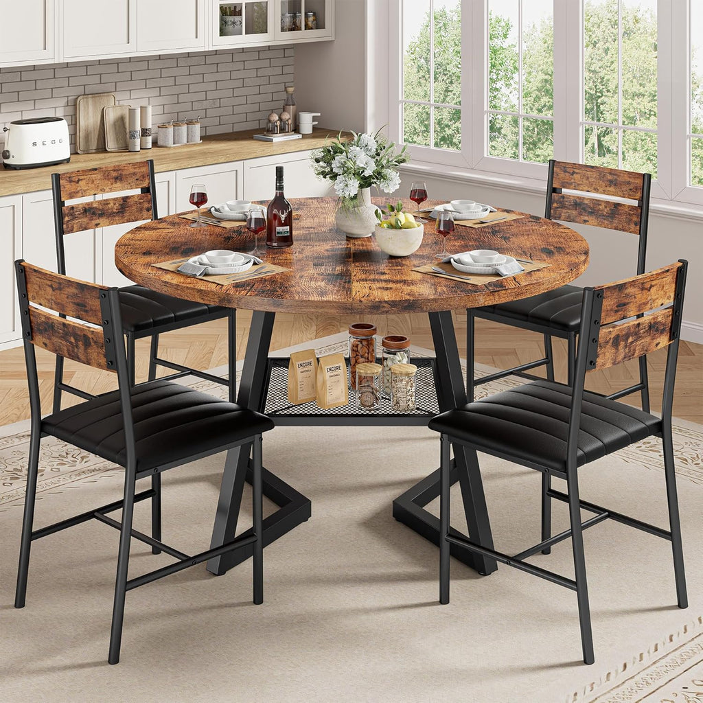 IRONCK Round Dining Table Set for 4, 47.2'' Kitchen Table with 4 PU Leather Upholstered Chairs, Dining Room Table Set with Large Storage Shelf, 5 Piece Kitchen Table and Chairs, Rustic Brown