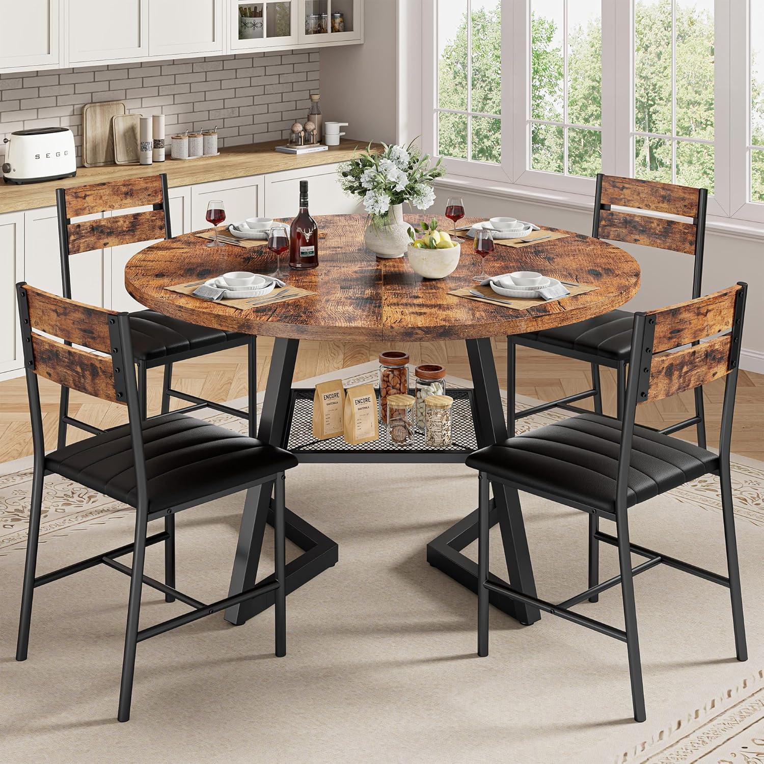 IRONCK Round Dining Table Set for 4, 47.2'' Kitchen Table with 4 PU Leather Upholstered Chairs, Dining Room Table Set with Large Storage Shelf, 5 Piece Kitchen Table and Chairs, Rustic Brown