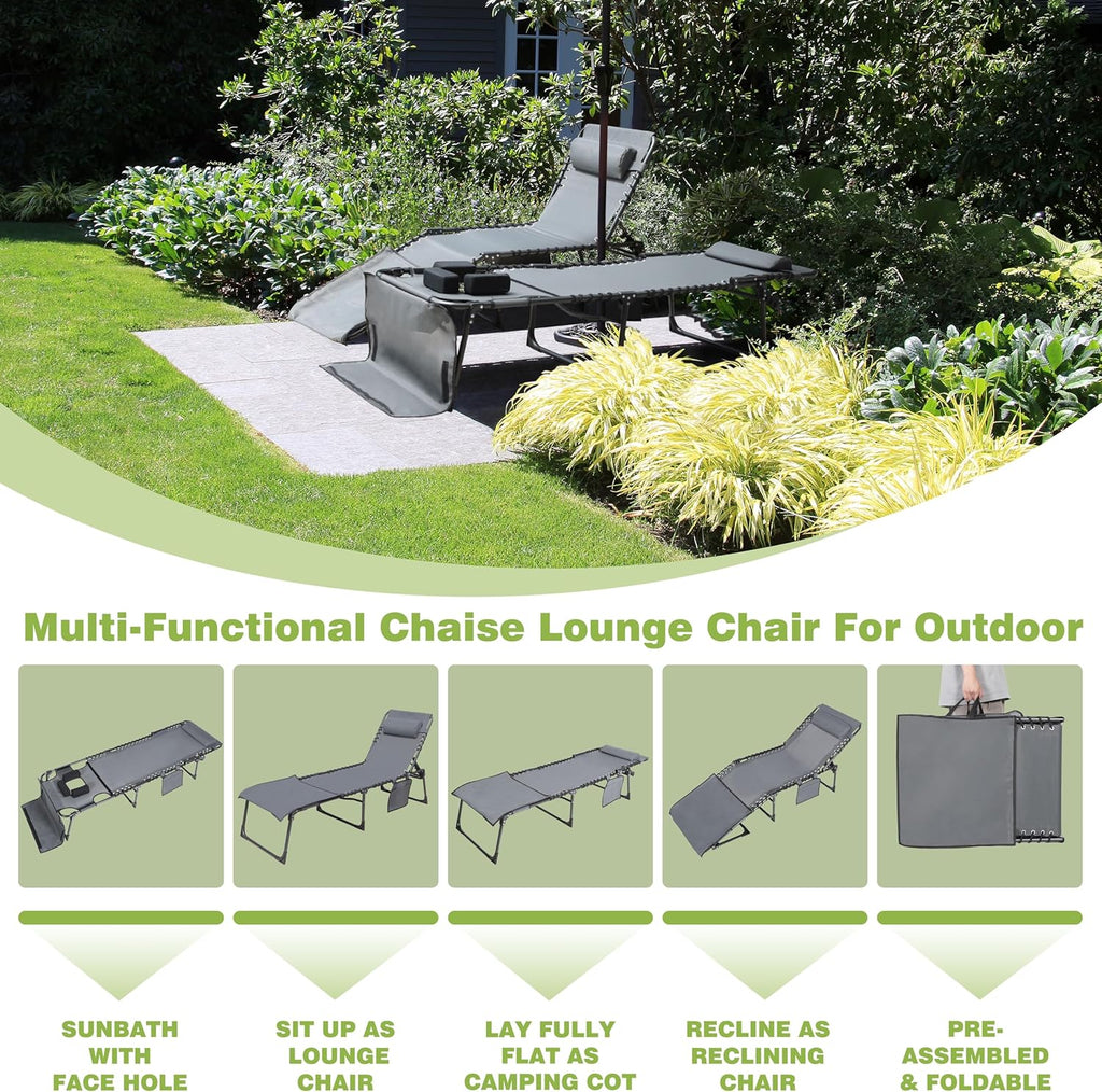 MUPATER Tanning Chair with Face Hole, Patio Chaise Lounge Chair with 5-Position Adjustable Backrest, Removable Pillow & Pocket, Folding Lounger Recliner for Beach, and Pool Sunbathing, Gray