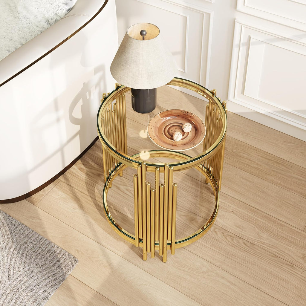 2 Tier Round Side Table with Tempered Glass Top, Modern End Table with Stainless Steel Legs for Living Room Home Office,Gold+Clear