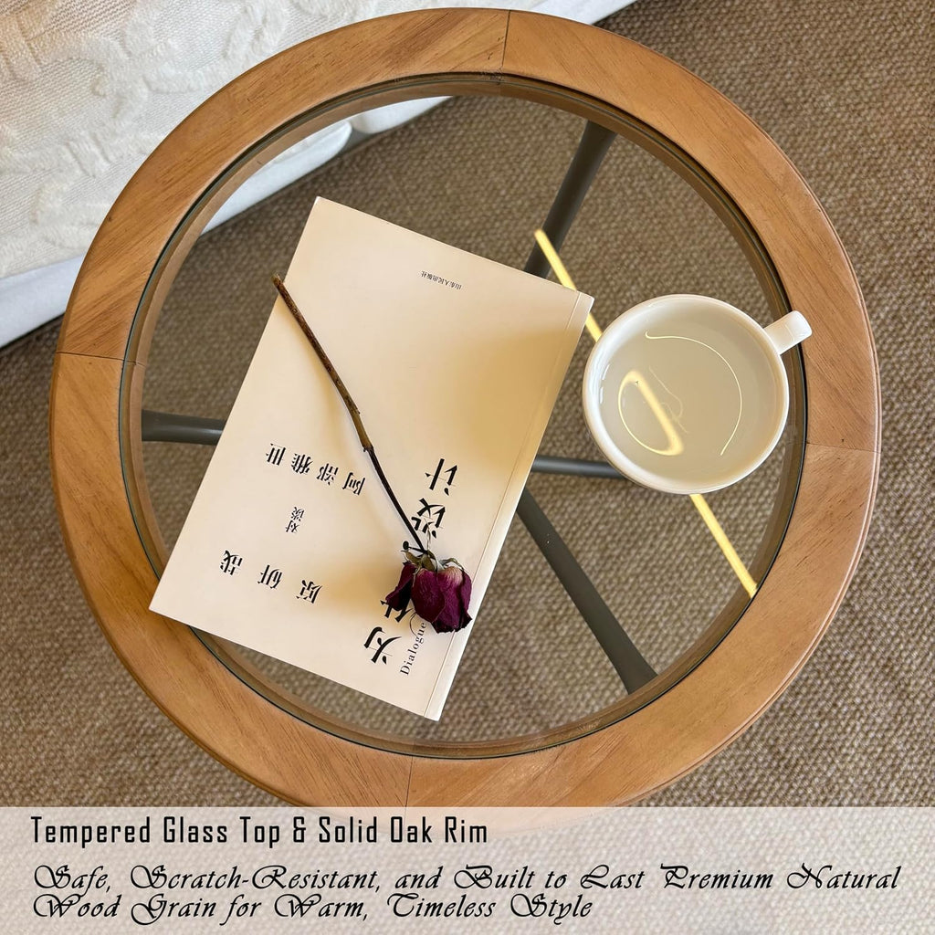 Premium Round Solid Wood Glass Top Side Table, Mid-Century Modern Industrial Accent End Table with Metal Tripod Legs for Living Room, Bedroom, Balcony & Small Spaces
