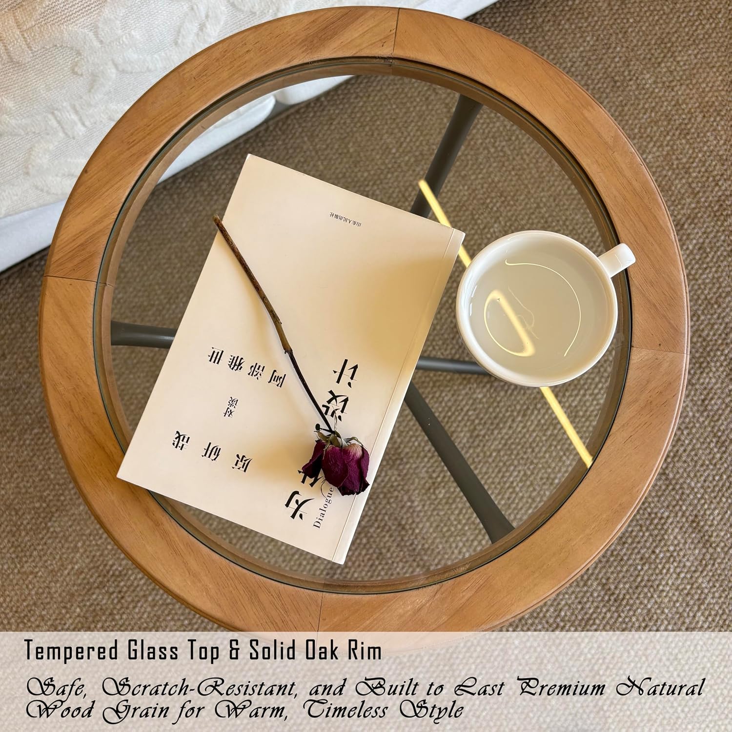 Premium Round Solid Wood Glass Top Side Table, Mid-Century Modern Industrial Accent End Table with Metal Tripod Legs for Living Room, Bedroom, Balcony & Small Spaces