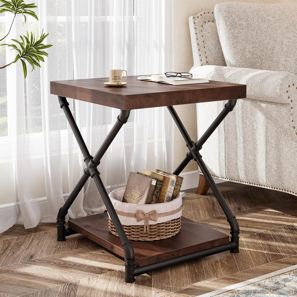 Tribesigns Solid Wood End Side Table with Storage Space for Living Room, Small Wood Nightstand for Bedroom, Dark Brown
