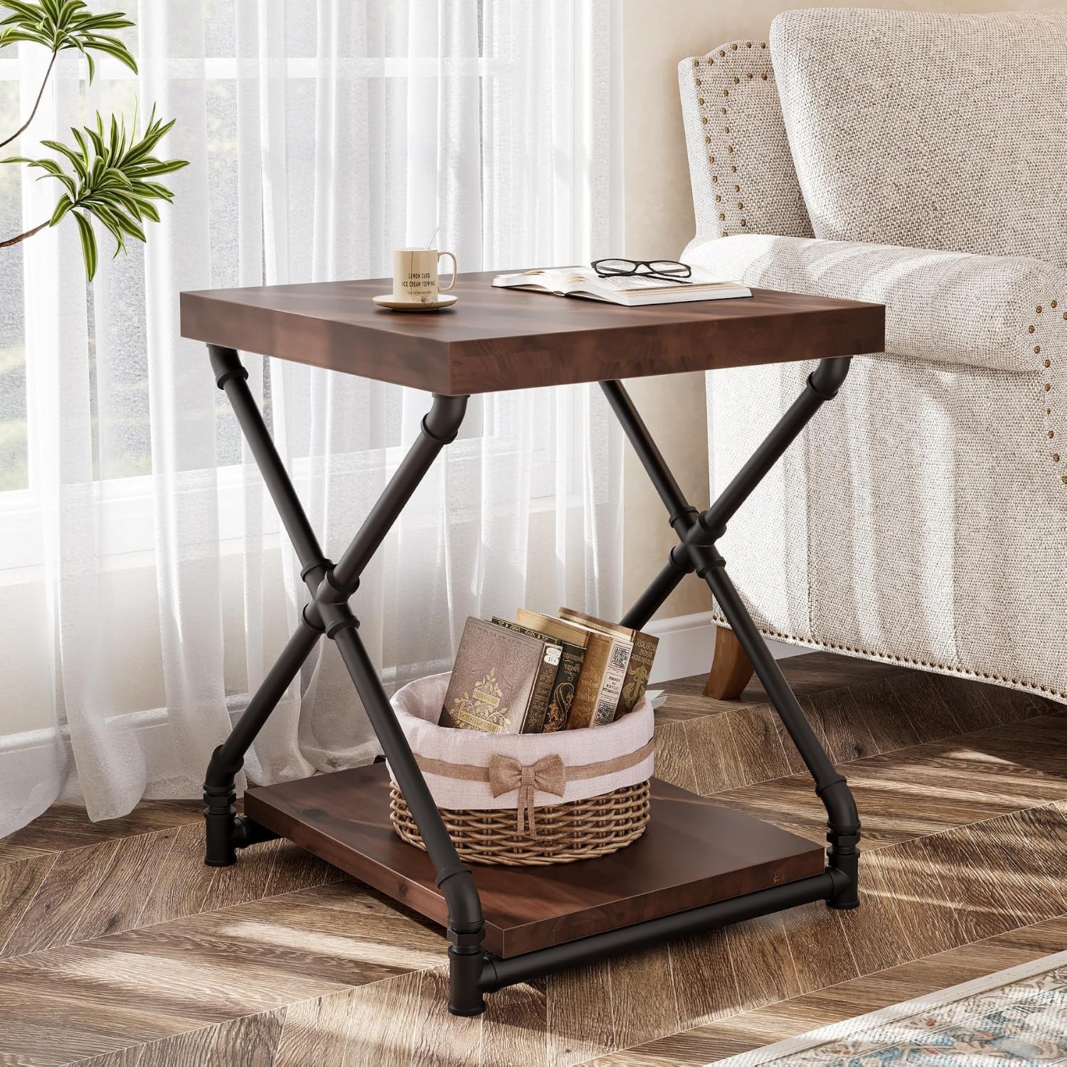 Tribesigns Solid Wood End Side Table with Storage Space for Living Room, Small Wood Nightstand for Bedroom, Dark Brown