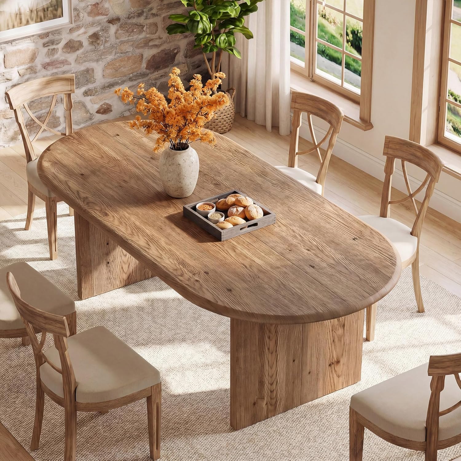 63" Oval Dining Table for 6, Farmhouse Solid Wood Kitchen Table with Storage for Dining Room, Living Room, Natural Wood