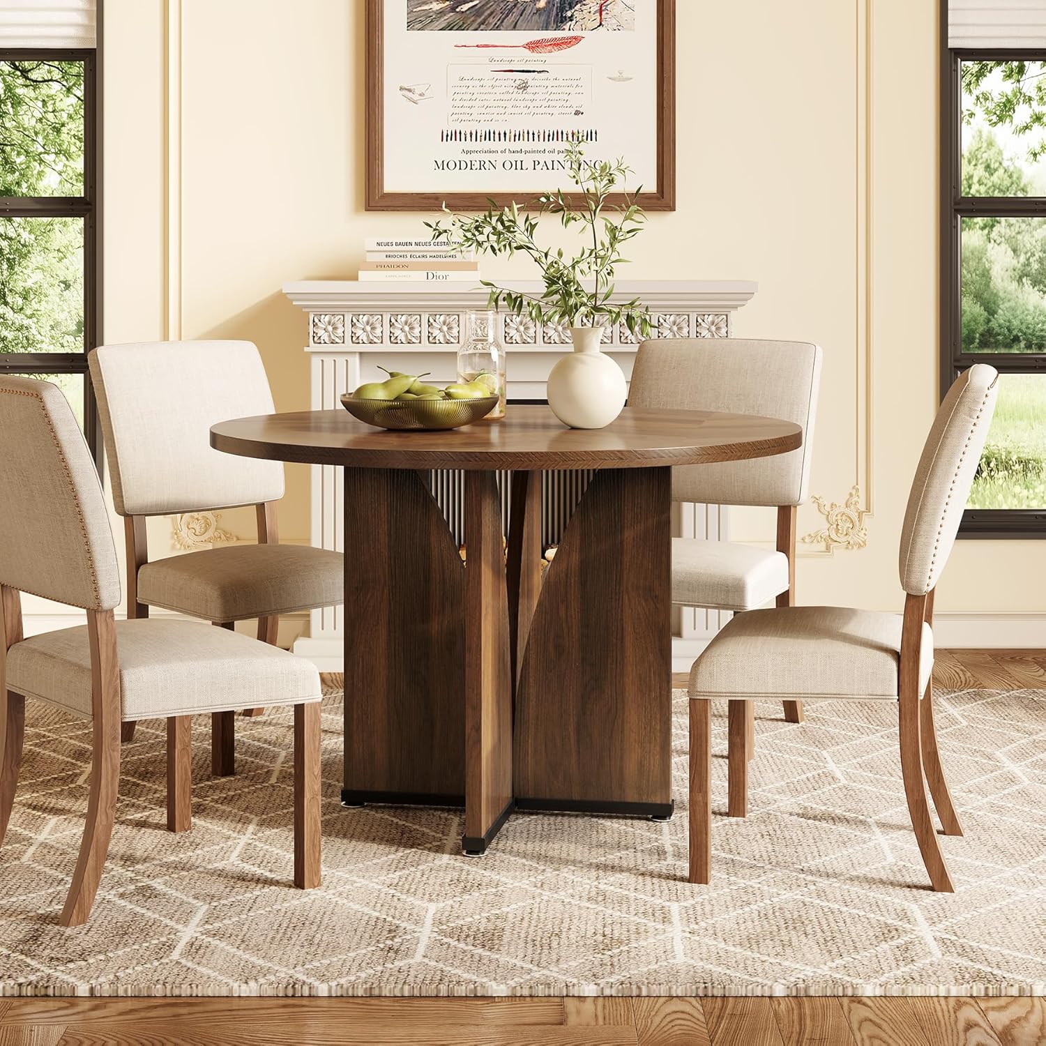 LITTLE TREE 39-Inch Round Dining Table for 4, Rustic Kitchen Table with X-Shaped Stable Pedestal, Farmhouse Dinner Table for Dining Room, Living Room, Dark Brown