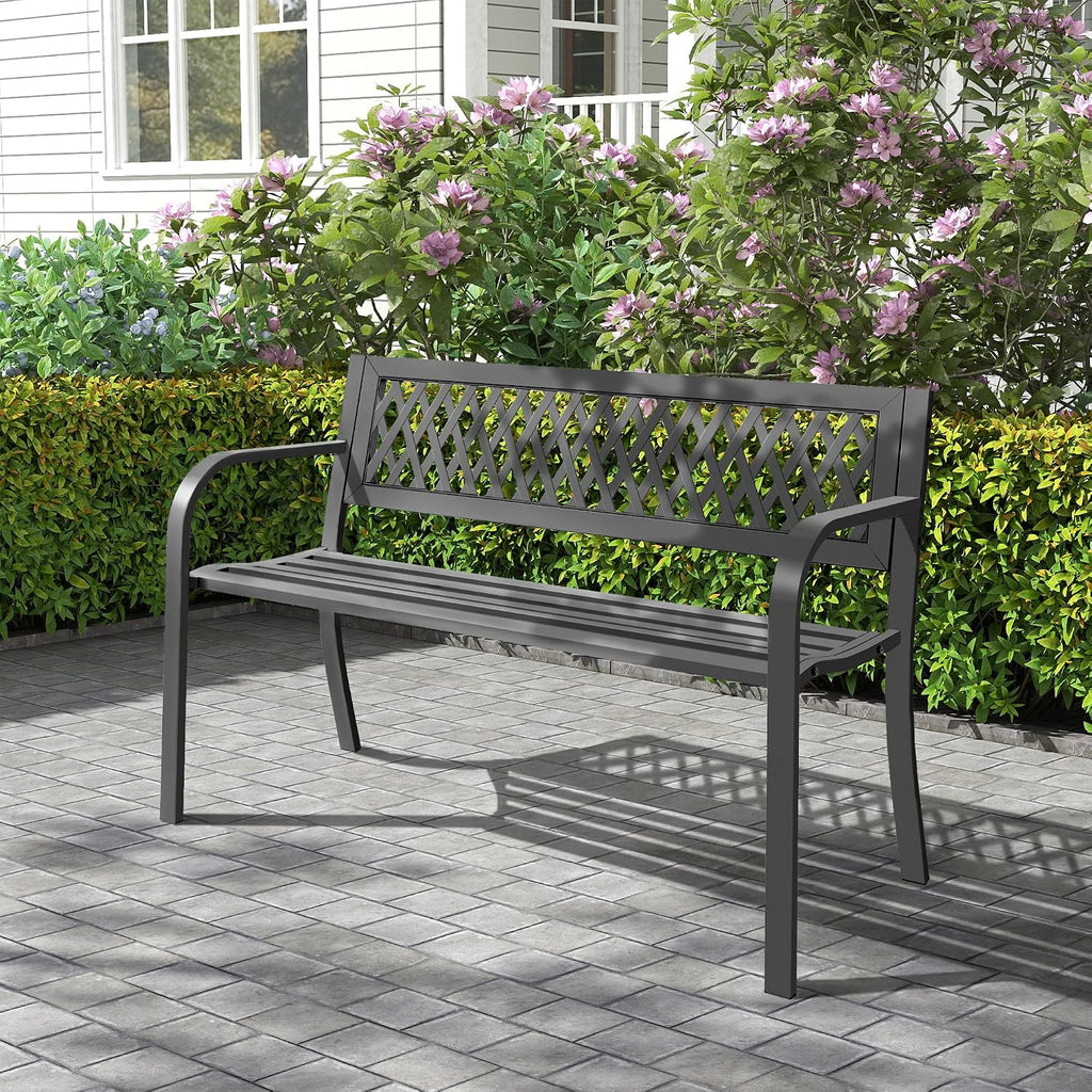 Outdoor Garden Bench, Weatherproof Metal Park Bench for Garden Lawn Porch Park Backyard, Sturdy Steel Patio Bench with Ergonomic Backrest for Front Porch Entryway Outside Seating, Black