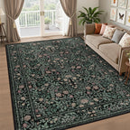 5x7 Area Rugs Living Room Rug: Floral Washable Rug Vintage Boho Soft No Slip Stain Resistant Carpet Indoor Floor Throw Carpets for Bedroom Hallway Nursery Dining Room Playroom Dark Green Black