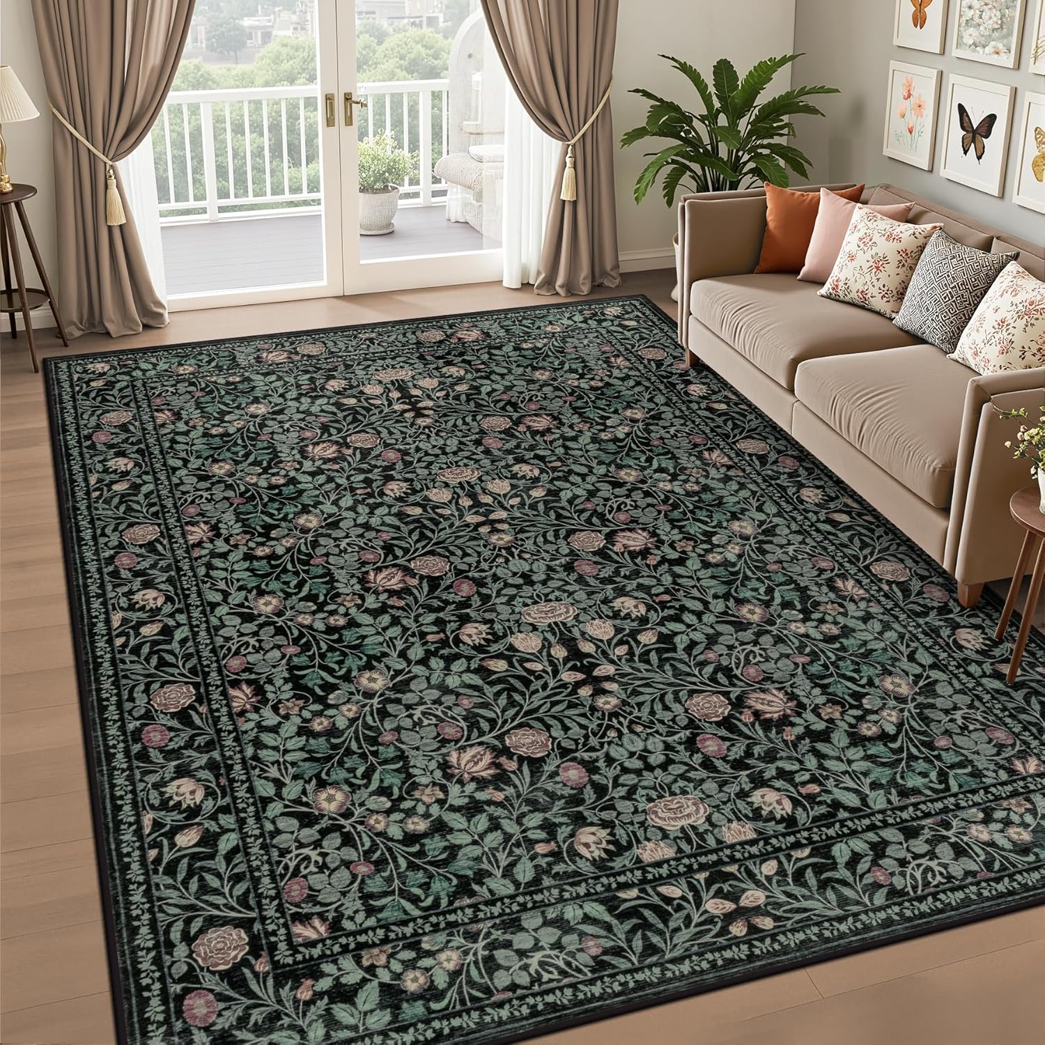 5x7 Area Rugs Living Room Rug: Floral Washable Rug Vintage Boho Soft No Slip Stain Resistant Carpet Indoor Floor Throw Carpets for Bedroom Hallway Nursery Dining Room Playroom Dark Green Black