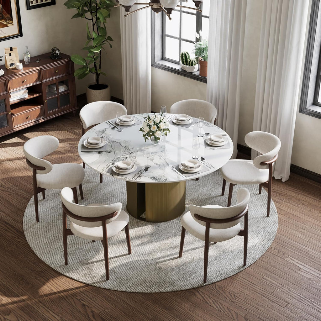 59" Modern Round Dining Table for 6, Glossy White Circle Kitchen Table, Sintered Stone Dining Room Table Top with Bronze Cylinder Hollow Base, Faux Marble Dinner Table for Home Party, (Table Only)