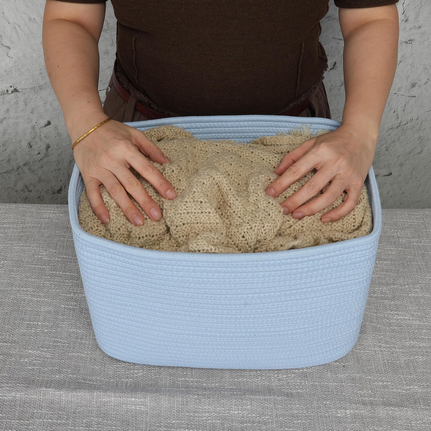 Cotton Rope storage Basket Bins Woven Basket for Organizing Shelves Rectangle Decorative Baskets For storage 3 pack (light blue)