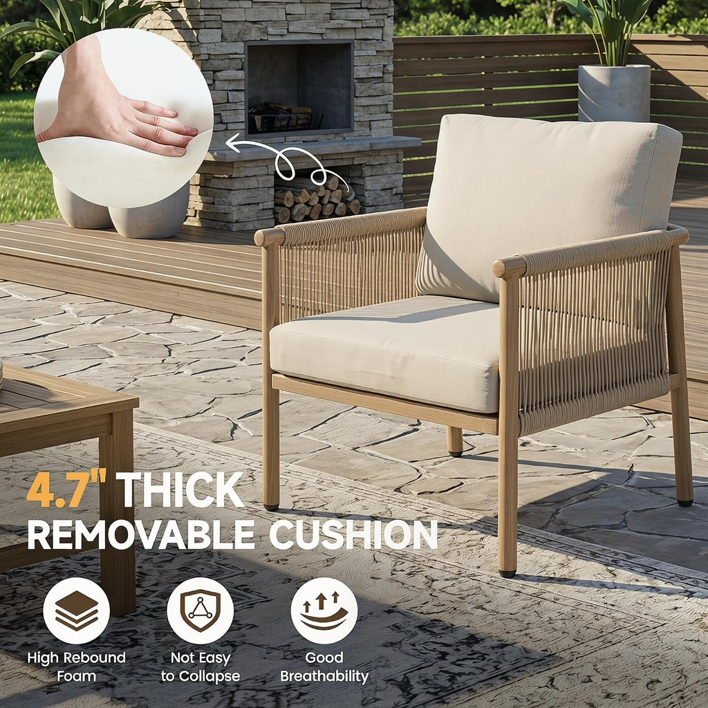 Outdoor Accent Chair, Patio Lounge Chairs Set of 2 with Hand-Woven Rope & Waterproof Cushions, Comfy Metal Patio Outdoor Chair, All-Weather Balcony Seating for Garden/Porch/Poolside, Grey